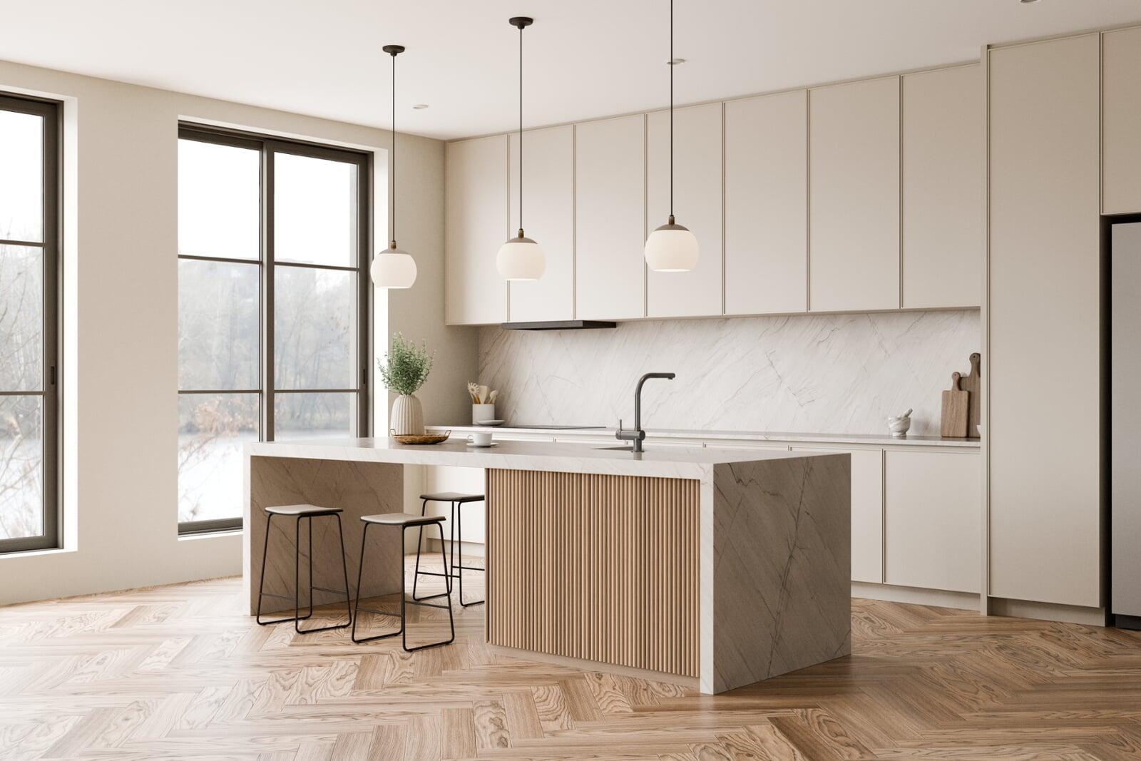 Rendu 3D d’une cuisine avec armoires Cabinets Révolution — blanc mat et bois naturel