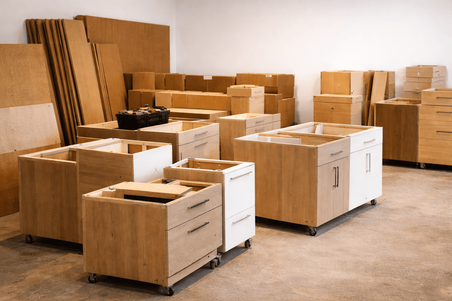 Assemblage soigné d’une commande d’armoires de cuisine en atelier Cabinets Révolution